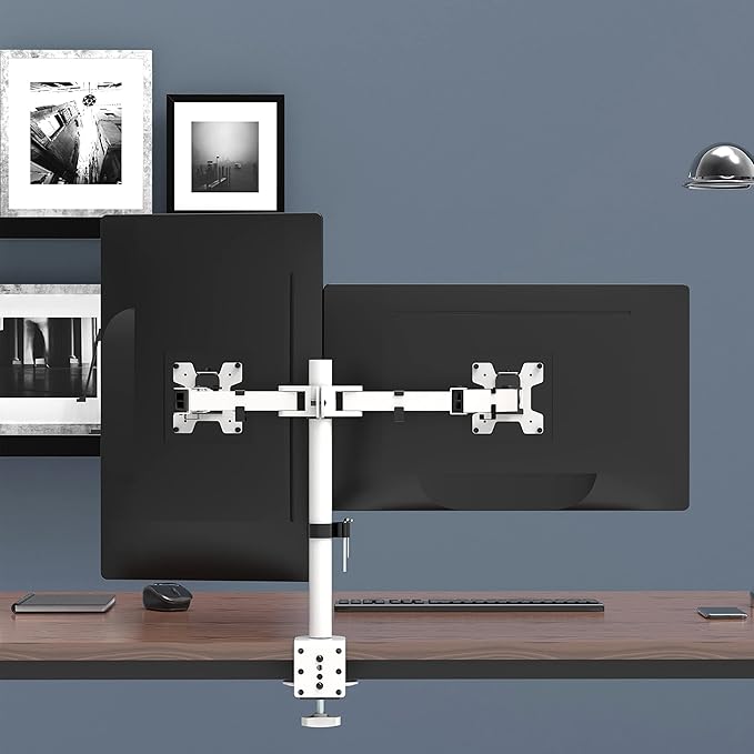 WALI Dual LCD Monitor Fully Adjustable Desk Mount Stand Fits 2 Screens up to 27 inch, 22 lbs. Weight Capacity per Arm (M002-W), White