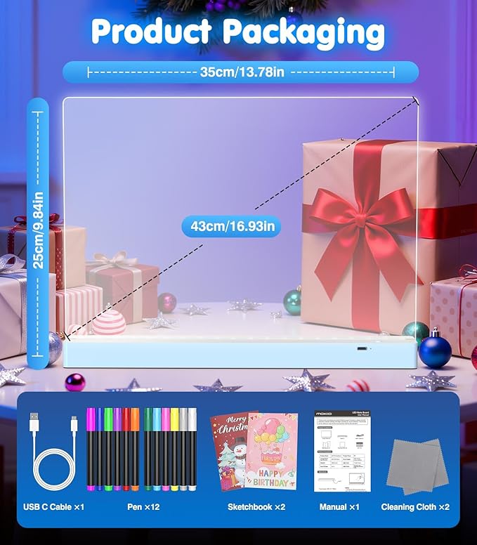 MoKo Led Drawing Message Note Board Rechargeable, 7 Color Light & 3 Modes, 16.9'' Art Dry Erase Lumiboard for Kids with Removable Stand,12 Markers & 2 Tracing Book, Festival Gifts for Boys/Girls