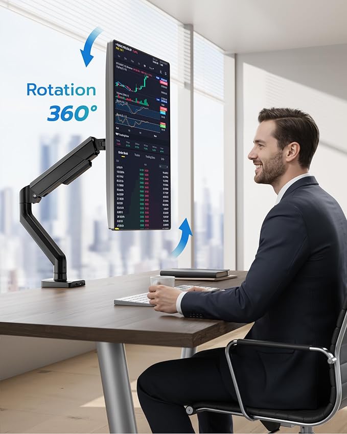 ARES WING Heavy Duty Single Monitor Arm - Fully Adjustable Monitor Mount for 17"-40" Ultrawide Screens up to 26.4 lbs with Clamp/Grommet Desk Mount and USB A/C, 75/100 Vesa Mount, Black