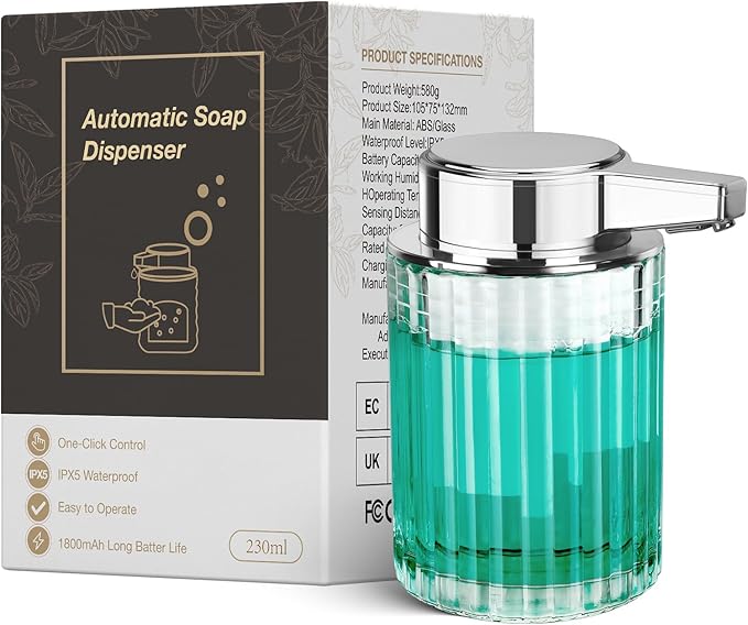 Automatic Soap Dispenser Foam for Bathroom: 8 OZ Glass Touchless Clear Auto Foaming Soap Dispenser for Kitchen - Hand Dish Lotion Home Countertop Kids - Family Couple