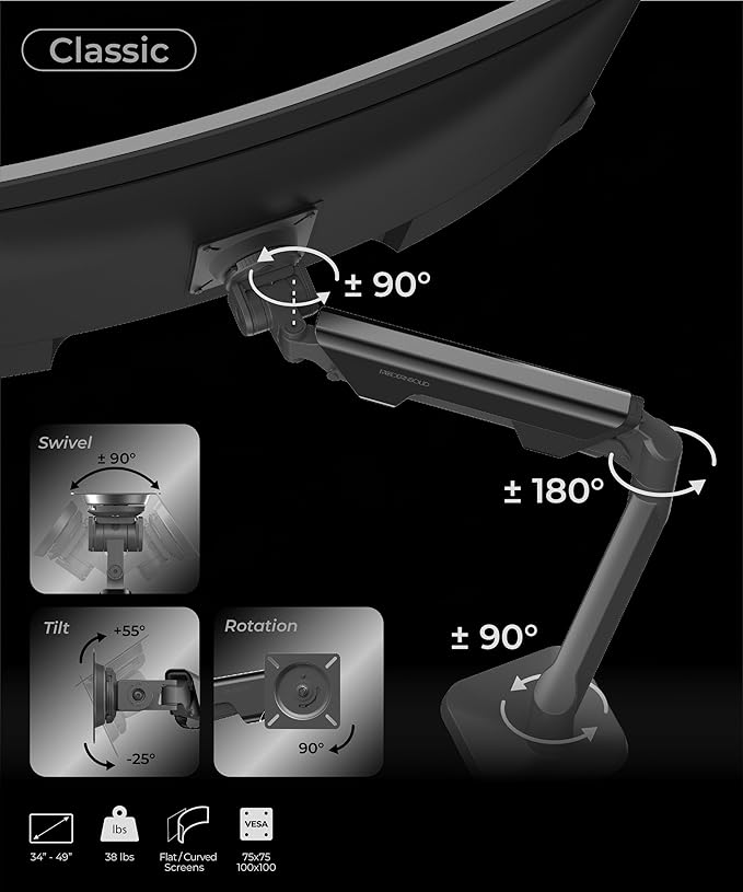 Heavy Duty Monitor Arm Desk Mount for 34-49 Inch Ultrawide Curved Monitors, Supports 14-38 lbs, Gas Spring Ergonomic Full Motion with Cable Management, Red Dot Design Awarded, White