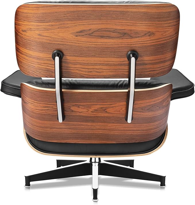 Top Black Grain Leather, Mid Century Chaise Lounge Chair and Ottoman, Modern Chair Classic Design, Palisander Wood, Heavy Duty Base Support for Living Room Office