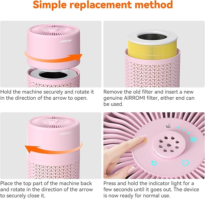 AIRROMI Pets Air Purifier for Home Allergies,Up to 660 ftยฒ.Yellow Deodorizing Activated Carbon Filter,With Fragrance Sponge for Better Sleep,Night Light,Pet Dander,Smoke,Odors,Air Cleaner A2002 Pink