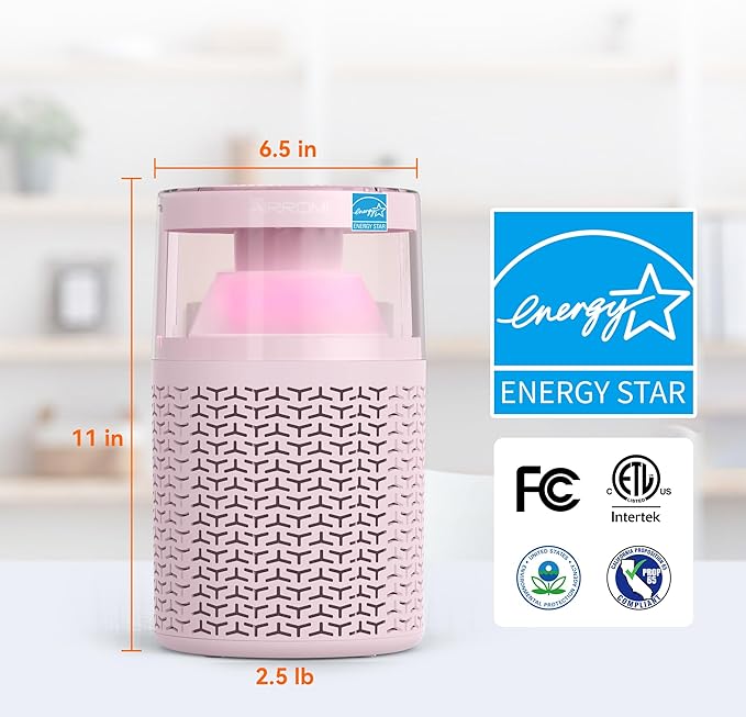 AIRROMI Air Purifiers for Bedroom Home,Up to 658 Ftยฒ,Activated Carbon Filter Cleaner,With Fragrance Sponge for Better Sleep,Night Light,Pet Dander,Allergies,Smoke,Odor,Desktop Air Cleaner A2002 Pink