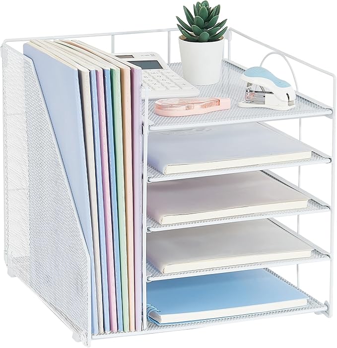 Desk Organizers and Accessories, 5-Tier Paper Letter Tray Organizer with File Holder, Desktop Organizer for Office Supplies (White)