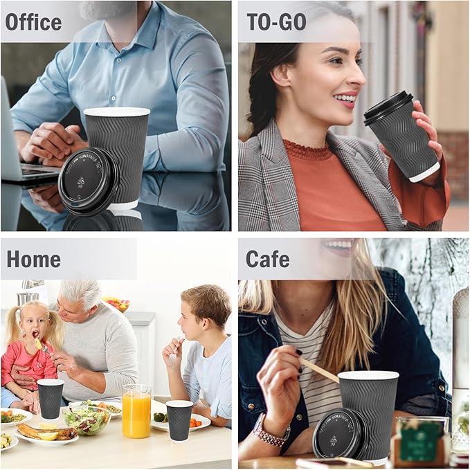 Lamosi 50 Pack - 12 oz Insulated Disposable Coffee Cups with Lids, To Go Paper Coffee Cups with Lids, Corrugated Ripple Wall Cup for Hot Drink Office Coffee Bar