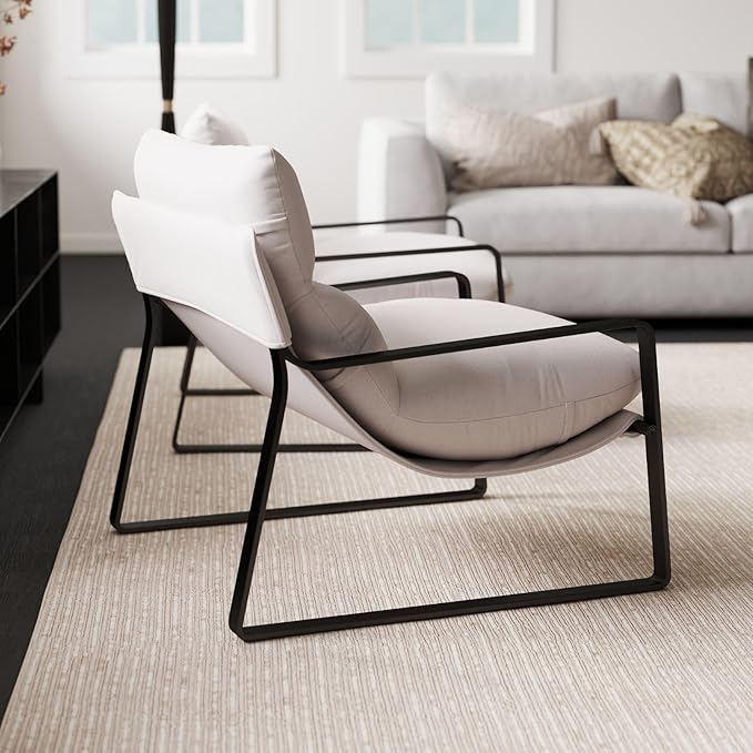 LukeAlon Modern Linen Accent Armchair, Upholstered Soft Living Room Chair with Metal Base Removable Thickened Cushion Single Sofa Chair Comfy Lounge Chair for Bedroom Living Room, White