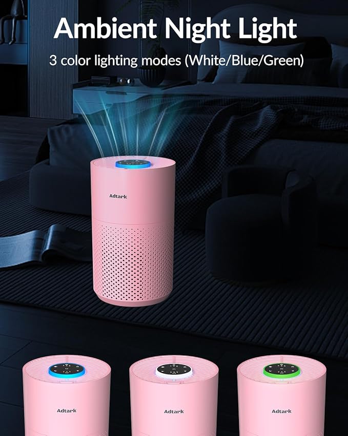 Air Purifiers for Home Bedroom, ADTARK Air Cleaner with H14 True HEPA 3-in-1 Filter, Sleep Mode & Aroma Function, 3 Light Modes, Room Air Purifier with 3 Timer for Office, Dorm, Hotel (Pink)