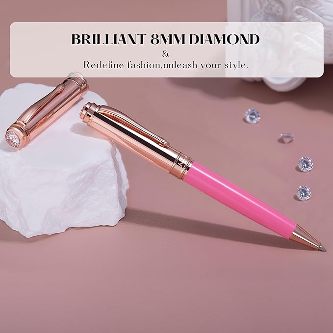 Luxury Gel Pen, Top Set With 8mm Brilliant Diamond,Vibrant Pink Pen Body,Attractive Rose Real Gold Finish, Black Refill,Elegant Gift Pen For Women, Executive, Fancy, Nice Pens