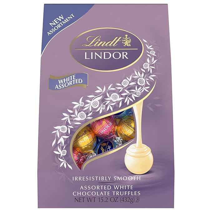 Lindt LINDOR White Chocolate Assorted Chocolate Candy Truffles with Smooth, Melting Truffle Center, 15.2 oz. Bag