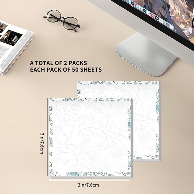 Sticky Notes 3x3 Inches, 2 Pack Cute Colorful Bright Self-Stick Note Pads, Easy to Post for Home, Office, Notebook, Meeting Boho Blue Floral