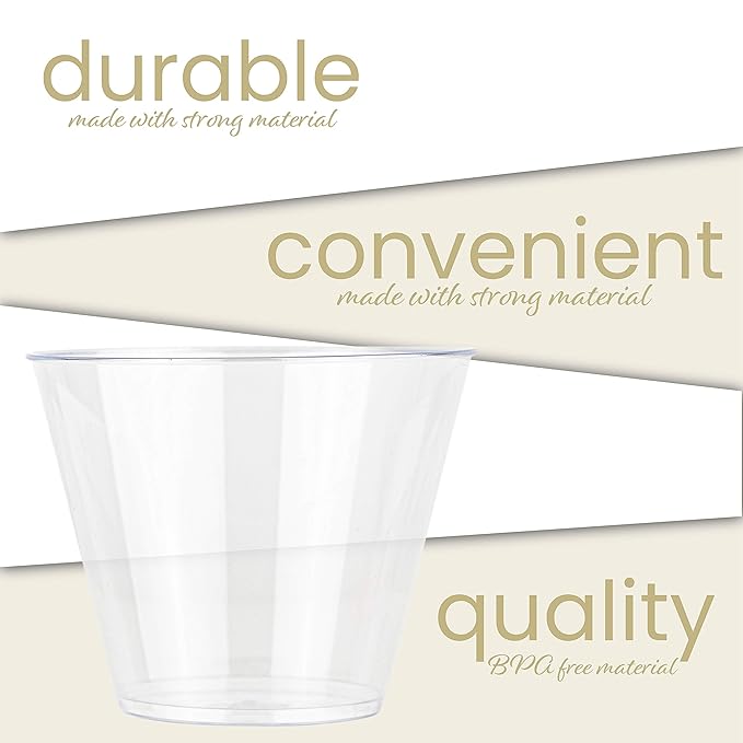 PLASTICPRO 9 oz Disposable Plastic Party Cups,Old fashioned Designed Tumblers, 200 Count, Crystal Clear