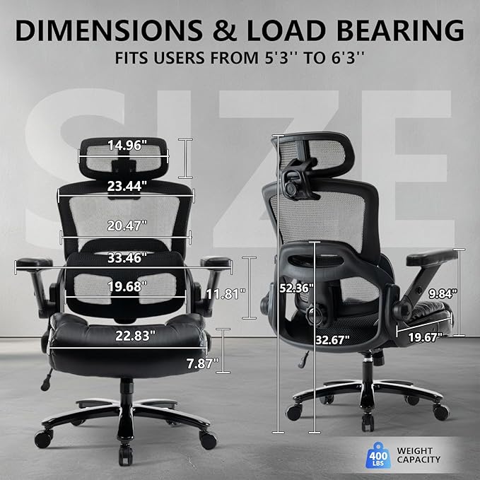 Ergonomic Office Chair with Flip-Up Arms, Mesh Back, Adjustable Headrest, Padded Seat Cushion, Lumbar Support, High Back Desk Chair for Home Office – 330lbs Capacity