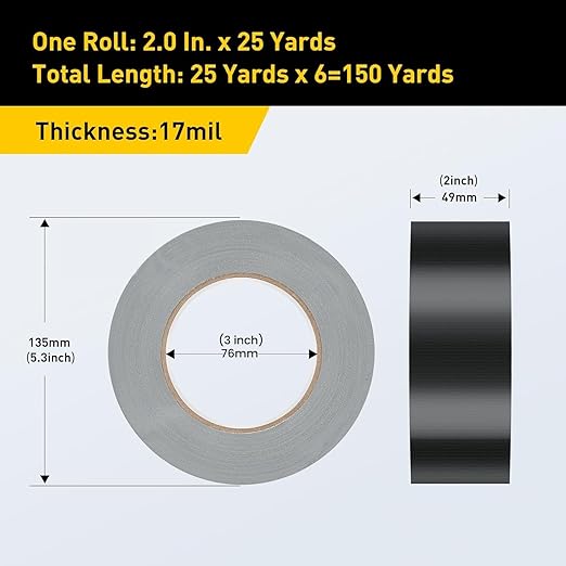 Lichamp Black Duct Tapes Heavy Duty, 17 Mil Waterproof No Residue Clear Duct Tape for Packaging Taping Sealing Repairing Tying, Thick & Wide Tape for DIY or Commercial Use, 2 inches x 25 Yards