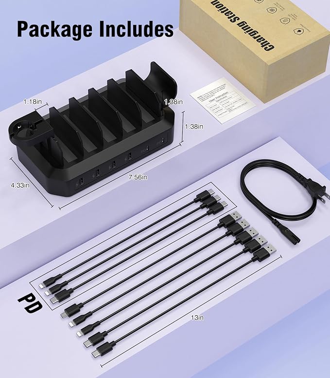 95W Fast Charging Station for Multiple Devices【Patent & Safety Certs】 6-Port USB Charging Dock with 2 PD Ports Compatible with Cellphones/iPad/MacBook/Kindle/Tablets (8 Mix Cables & 2 Stands Included)