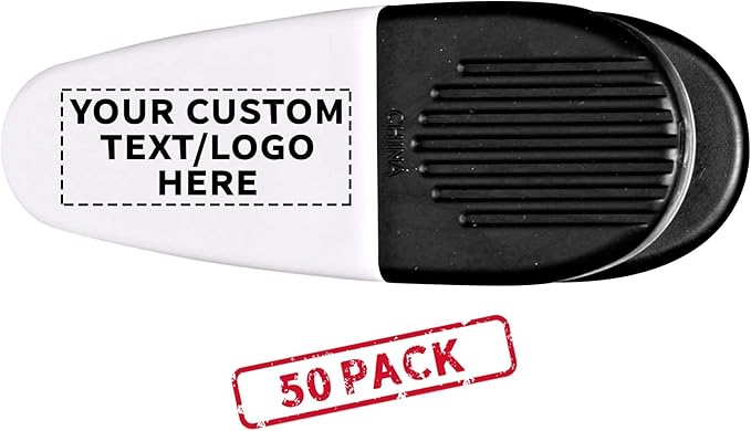 50 Magnetic Memo Holders Set - Customizable Text, Logo - Large Clip, Plastic - White Black