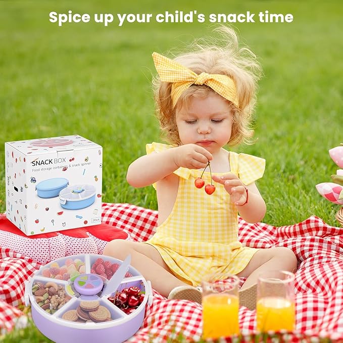 Snack Rotator Container Reusable Snack Box with 5 Compartment Dispenser and Lid, Color Matching Opening Lid, BPA and PVC Free, for Home, School, Travel (2 Pack- Purple)
