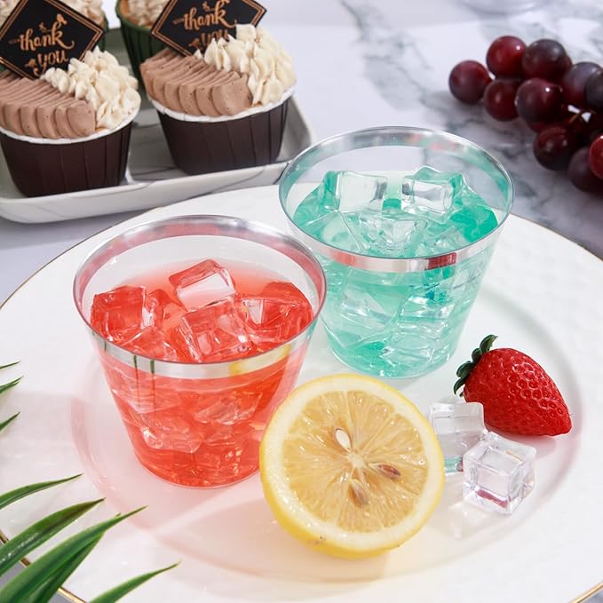I00000 100PCS Silver Plastic Cups,9 oz Clear Plastic Cups with Silver Trim, Heavy-Duty Disposable Hard Cup For Party, Premium Cup Perfect for Wedding & Party