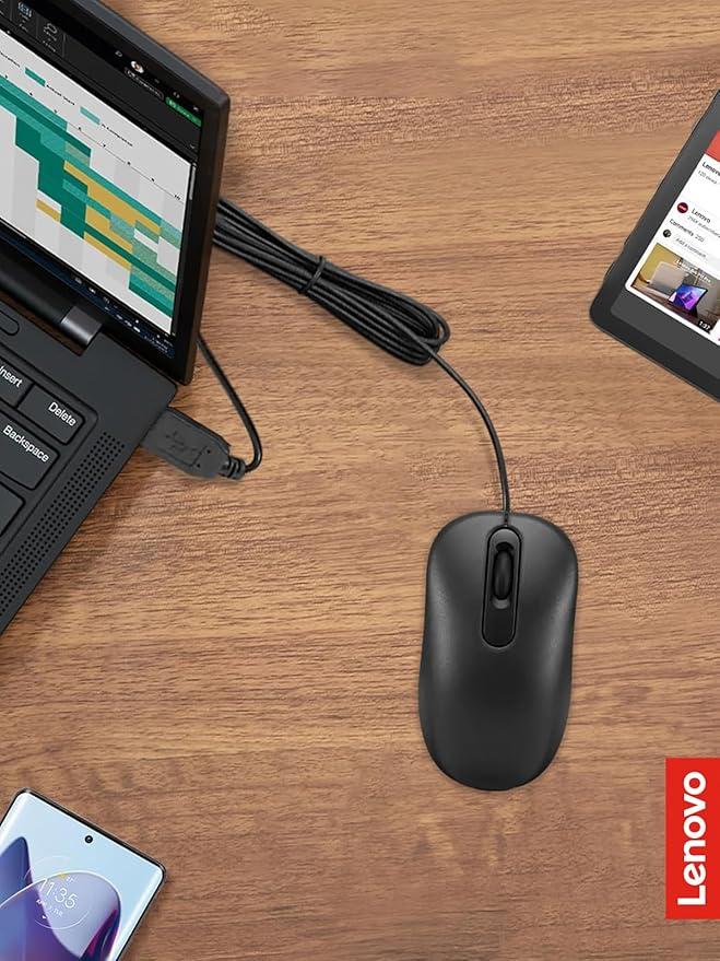 Lenovo 100 Wired USB Computer Mouse for PC, Laptop, Computer with Windows - Full-Size - Ambidextrous Design - 3 Buttons - Red Optical Sensor – Black