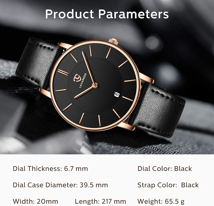 L LAVAREDO Watch for Men, Extremely Thin Mens Watches Minimalist Analog Men's Leather Wrist Watches with Time/Date, Birthday Gift for Men Boyfriend