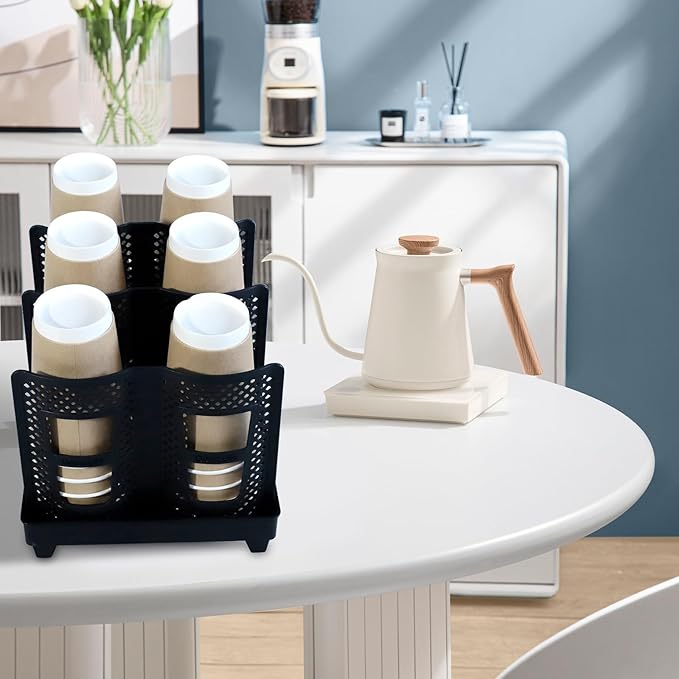 Coffee Cup Holder - Lid Rack Disposable Paper Cup Dispenser 6 Slot Countertop Cup Organizer for Coffee Station, Kitchen, Bar, Office, Restaurant