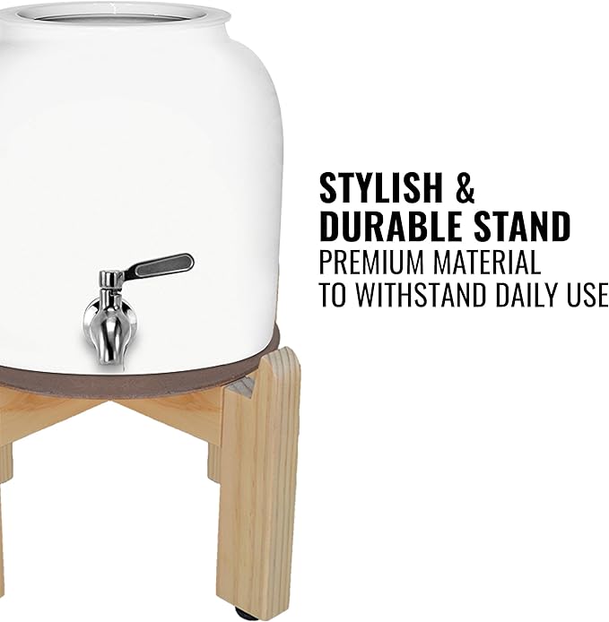 Geo Sports Porcelain Ceramic Crock Water Dispenser, 8 Inch Wood Stand, Stainless Steel Faucet, Fits 3 to 5 Gallon Jugs. (White)