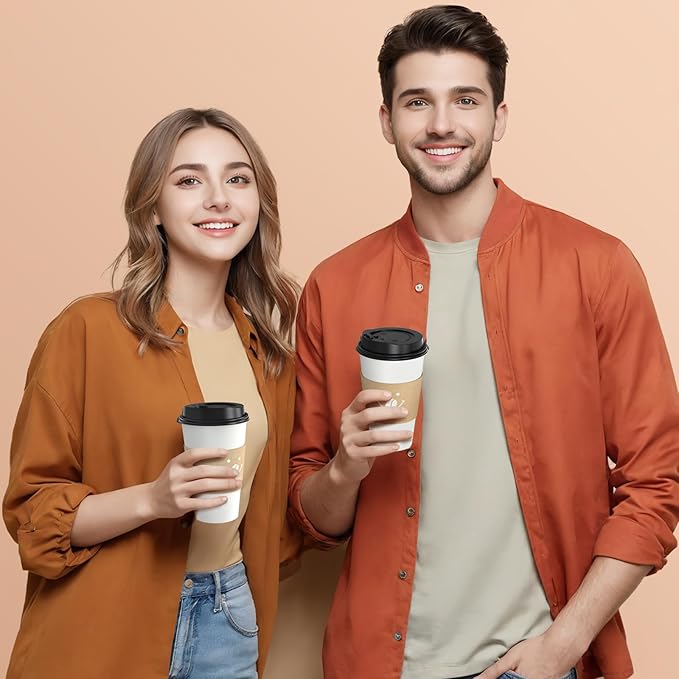 Coffee Cups with Lids and Sleeves, 16 Ounce 100 pack To Go Coffee Cups with Lids, Disposable Hot Coffee Paper Cups Bulk for Hot Beverage (16 Ounce, White)