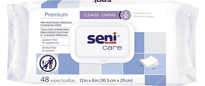 Seni Care Premium Plus Pre-Moistened Personal Cleansing Wipes for Large Surfaces (12" x 8"), 96 Count (2 Packs of 48 Wipes), Disposable