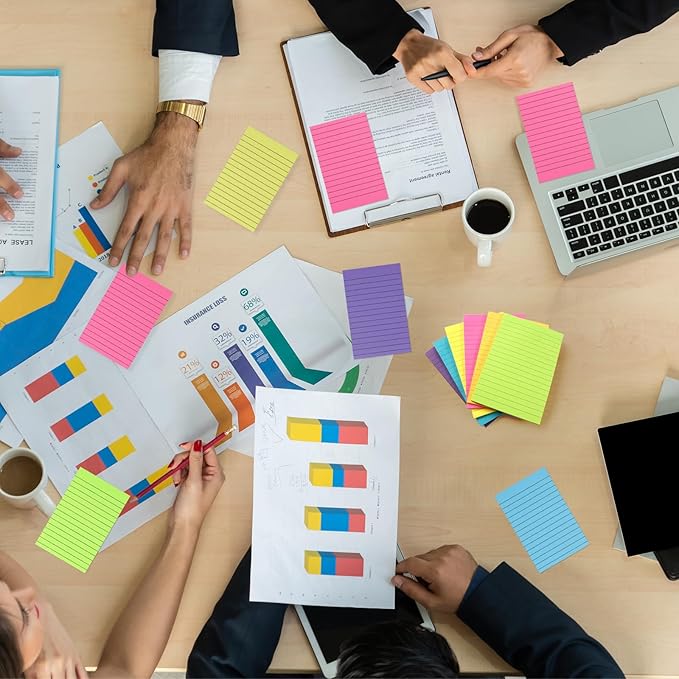 Lined Sticky Notes 4x6, 8 Pads, Sticky Notes with Lines Self-Stick Note Pads, Large Sticky Notes 8 Bright Colours, Perfect for Office Home School Desk Accessories, 40 Sheets/pad
