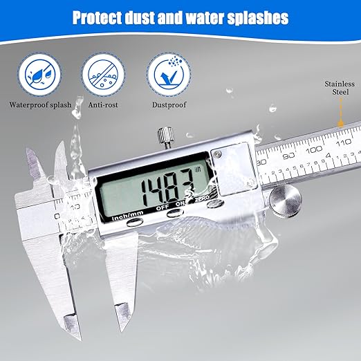 Digital Caliper Measuring Tool,Caliper Measuring Tool with Stainless Steel, Micrometer Dial Vernier Caliper Digital,Large LCD Screen, IP54 Splash Proof, Auto-Off Feature,6 Inch/150mm Caliper Tool