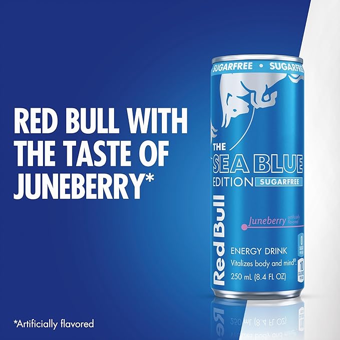 Red Bull Sea Blue Edition Sugar-Free Energy Drink, Juneberry, with 80mg Caffeine plus Taurine & B Vitamins, 8.4 Fl Oz, Pack of 4 Cans