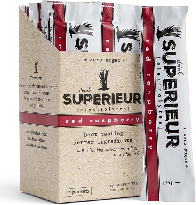 Superieur Electrolyte Powder Packets - Vegan Electrolyte Hydration Powder w/Sea Minerals - Keto Friendly, Non-GMO, Zero Sugar Electrolyte Supplement - Healthy Sports Drink - Raspberry (14 Packets)