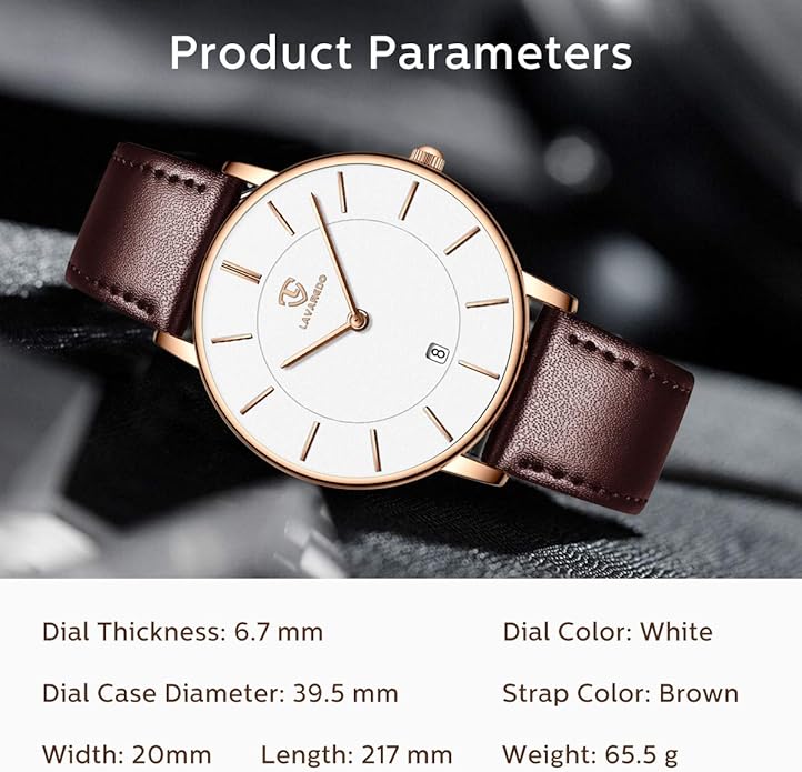 L LAVAREDO Watch for Men, Extremely Thin Mens Watches Minimalist Analog Men's Leather Wrist Watches with Time/Date, Birthday Gift for Men Boyfriend