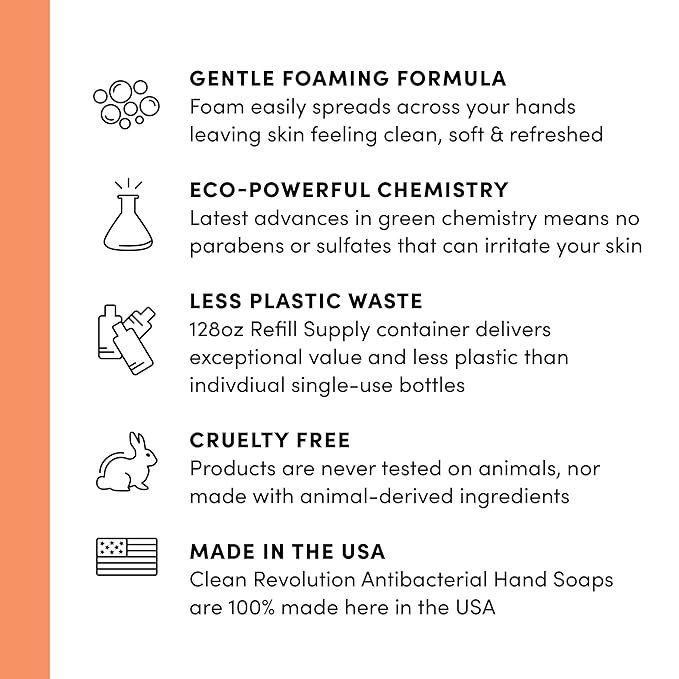 Clean Revolution Antibacterial Foaming Hand Soap Refill, 128 Fl Oz, Fresh Orange Scented - Made in USA