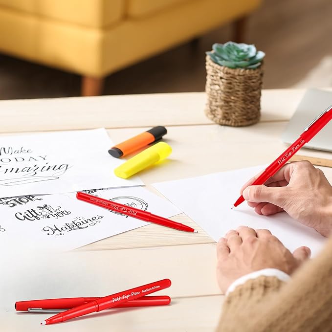 96 Pcs Red Felt Tip Pens 0.7mm Medium Point Pens Bulk, Felt Tip Markers for Journaling, Writing, Note Taking, Planner, Ideal for Office School Art Supplies Gift