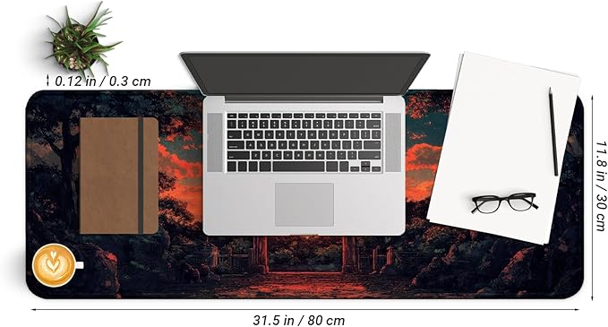 Japanese Forest Full Moon Gaming Mouse Pad with Non-Slip Rubber Base, Large Anime Mousepad with Stitched Edges, Long Keyboard Mat for Home and Office, 31.5 x 11.8 inches