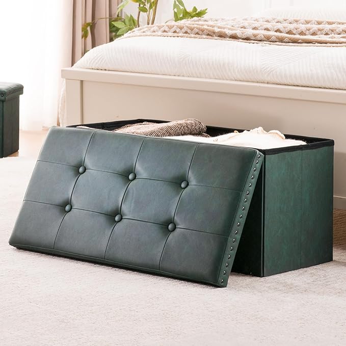 Folding Storage Ottoman Bench, Leather Foot Rest Stools with Rivet Design, 15" D x 30" W x 15" H, Ottoman with Storage End of Bed Bench Footstool for Living Room Bedroom, Load 330 lb, Green