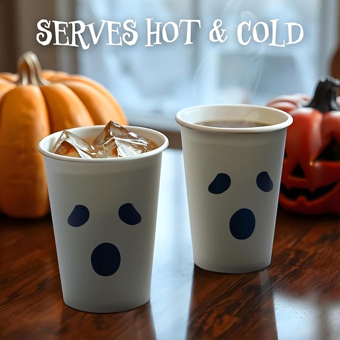 Halloween Disposable Paper Party Cups, Bulk 50 Pack, Leak-Resistant, 12 oz Hot and Cold Cups for Restaurants and Parties, Ghost Face