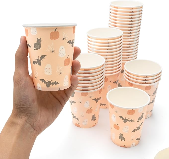 Cheerland Halloween Party Cups Pumpkin Disposable Paper Cups for Kid Spooky Ghost Birthday Party Cup Pink Halloween with Pastel Bat Cat Print Kids Birthday Summerween Supplies Pack of 50