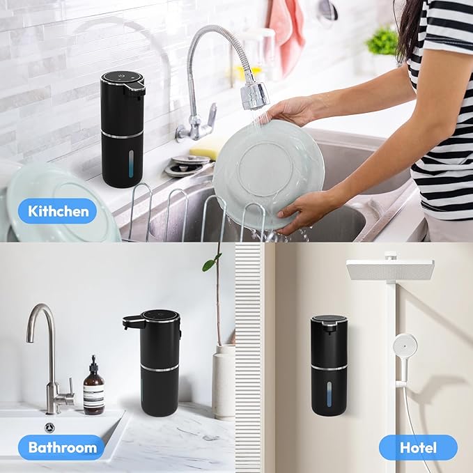 Automatic Soap Dispenser Touchless,Liquid Hand Soap Dispenser 12.8oz USB 4levels Adjustable Dispenser Electric Wall Mounted Smart for Bathroom and Kitchen Dish Soap,Easy for Toddlers(Black)