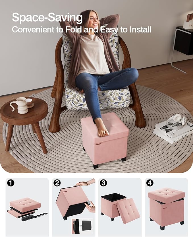 Cube Storage Ottoman, Velvet Foot Stool with Feet, Folding Storage Bench, End of Bed Bench, Chest, for Living Room, Bedroom and Office, 15 x 15 x 15.7 Inches, Jelly Pink, ASND22P