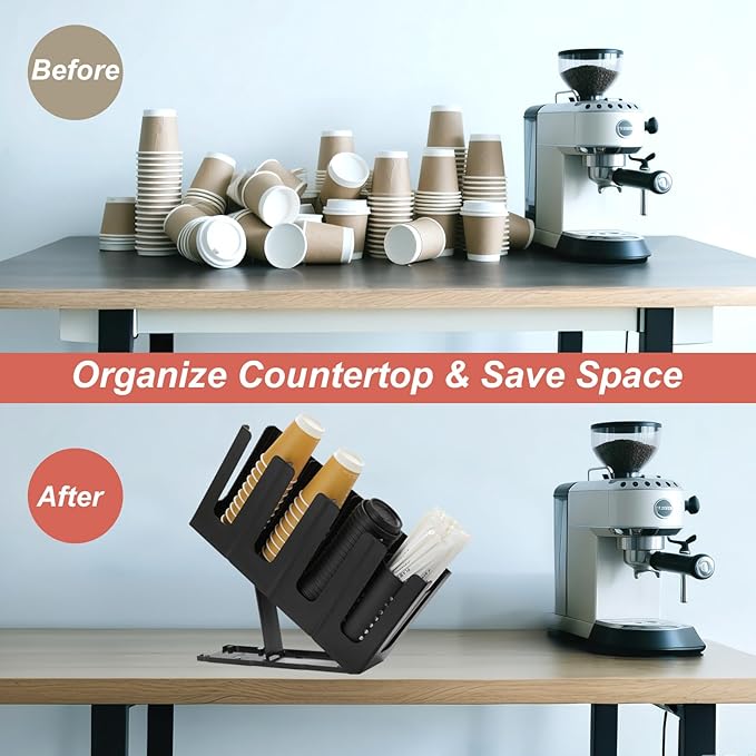 Paper Cup and Lid Holder with Straw Organizer,4 Compartment Adjusting,Coffee Cup Dispenser for Countertop,Coffees Station,Bar Restaurant,Black