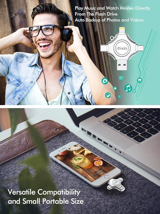 MFi Certified iDiskk 128GB Flash Drive for iPhone 17 16 iPad USB 3.0 Lightning Drive 4 in 1 Multi Functional External Storage for iOS and Android Samsung Phones Type c Devices and MacBook Photo Drive