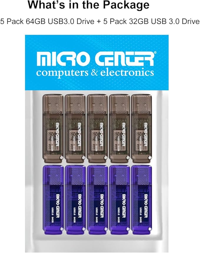 INLAND Micro Center SuperSpeed 5 Pack 64GB and 5 Pack 32GB USB 3.0 Flash Drive Mixed Multipack Thumb Drive Memory Data Storage Bulk, Much Faster Than USB2.0 Flash Drive