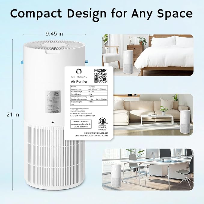 Airthereal 2-in-1 Air Purifier and Humidifier Combo for Large Room up to 1325 ft², 3-Stage Filters, Air Quality Monitor and Quiet Sleep Mode, Evaporative Humidifier with Auto Humidity Monitor, AEH300
