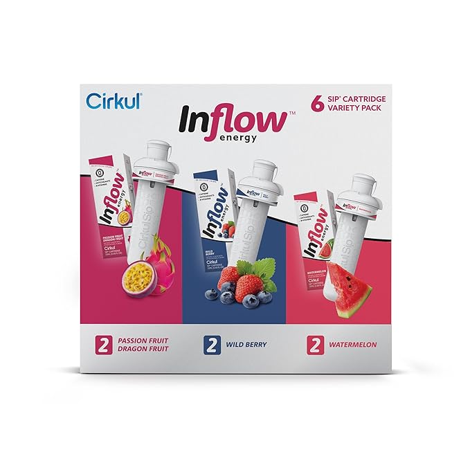 Cirkul Inflow Energy Caffeine Flavor Water Variety Pack, Makes 36 Drinks, No Sugar, Zero Calorie Drink Mix, (2 Passion Fruit Dragon Fruit, 2 Wild Berry, 2 Watermelon)