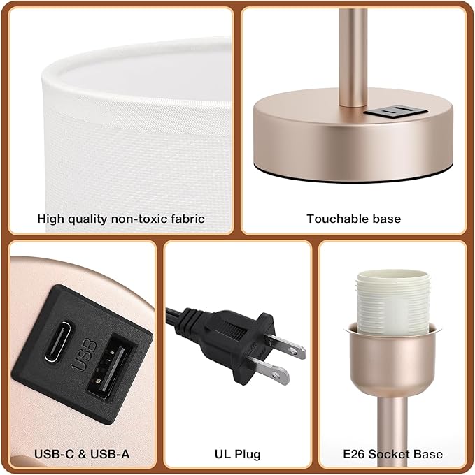 Dicoool Touch Bedside Table Lamp with USB - 3 Way Dimmable Lamp for Bedroom Nightstand, Desk Lamp with Charging Station for Dorm, Living Room, Office, Kids Room, Nursery