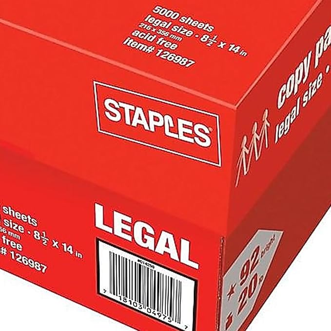 Staples 126987 8.5-Inch x 14-Inch Copy Paper 20 lbs. 92 Brightness 500/Ream 10 Reams/CT