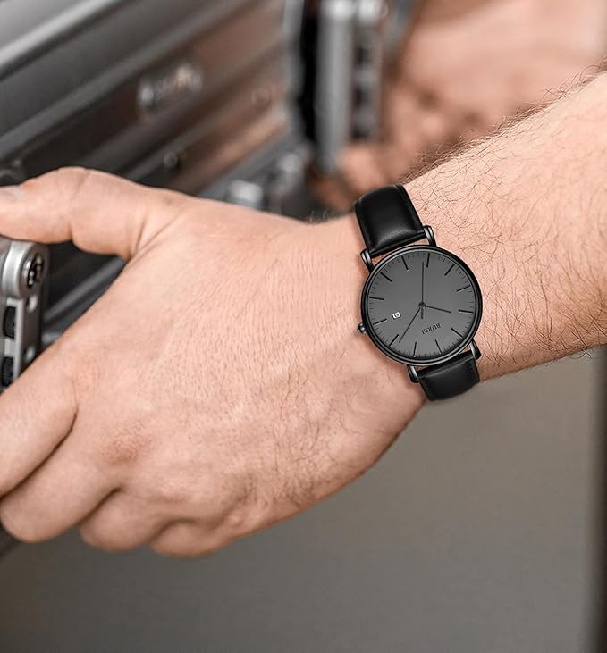 BUREI Men Watches Brown Leather Fashion Minimalist Wrist Watch Simple Ultra Thin Waterproof Quartz Watches All Black Stainless Steel Mesh Band,Gift for Men Women