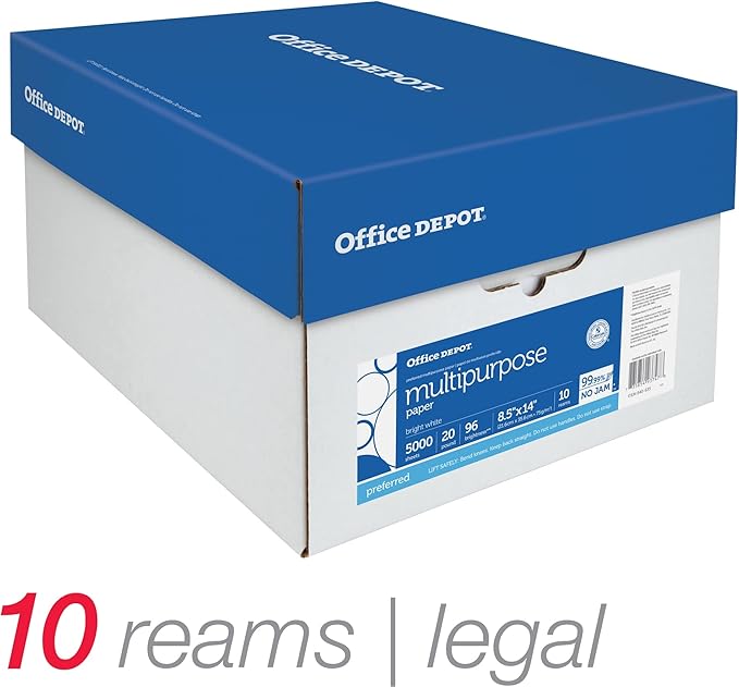 Office Depot Extra Bright Copy Paper, 8 1/2in. x 14in. Legal, 20 Lb., 90 Brightness, Case Of 10 Reams